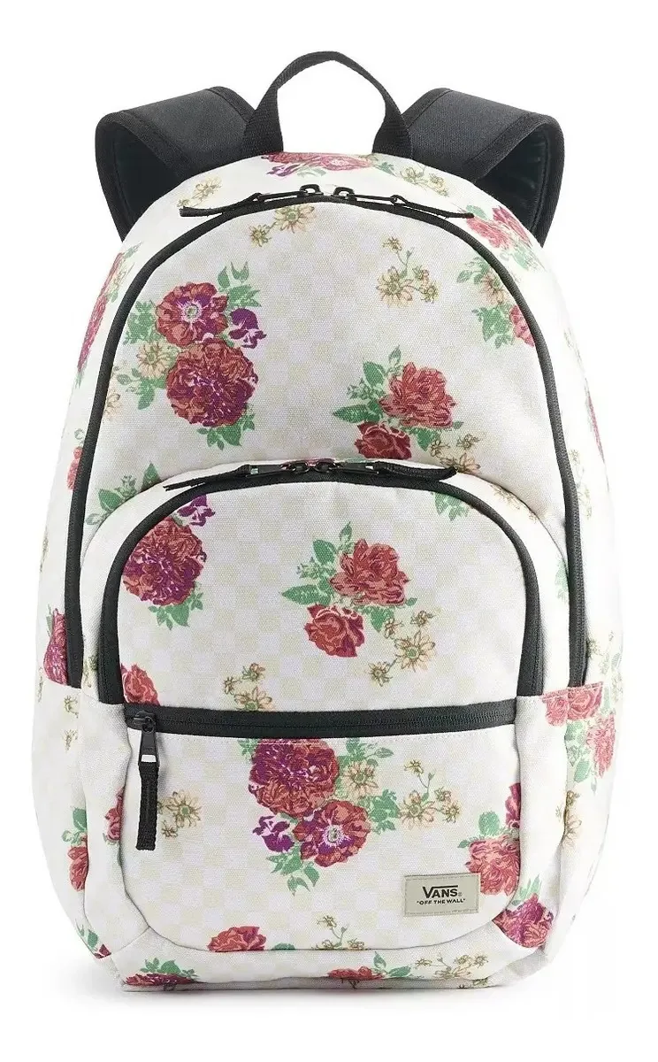 Mochila para laptop Vans Motiveatee Flores Urban Beach, cor: branco, xadrez, design de tecido floral