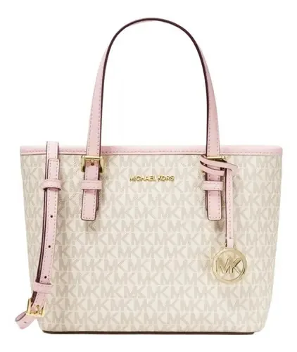 Bolsa Crossbody Michael Kors Jet Set Travel Pequena em Lona Rosa-claro com Zíper e Ferragens Douradas