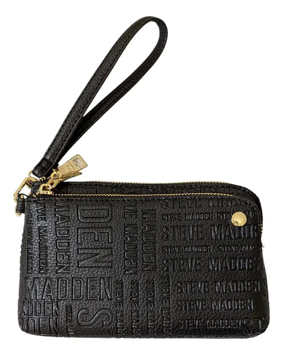 Bolsa de pulso Steve Madden com zíper duplo — preta — ferragens douradas, design de tecido monograma