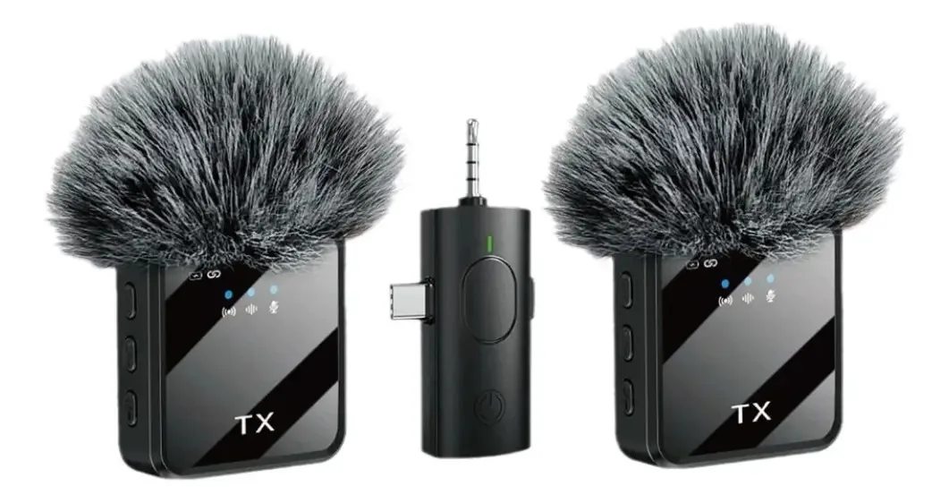 Pacote de 2 microfones sem fio duplos para iPhone e Android, cor preta