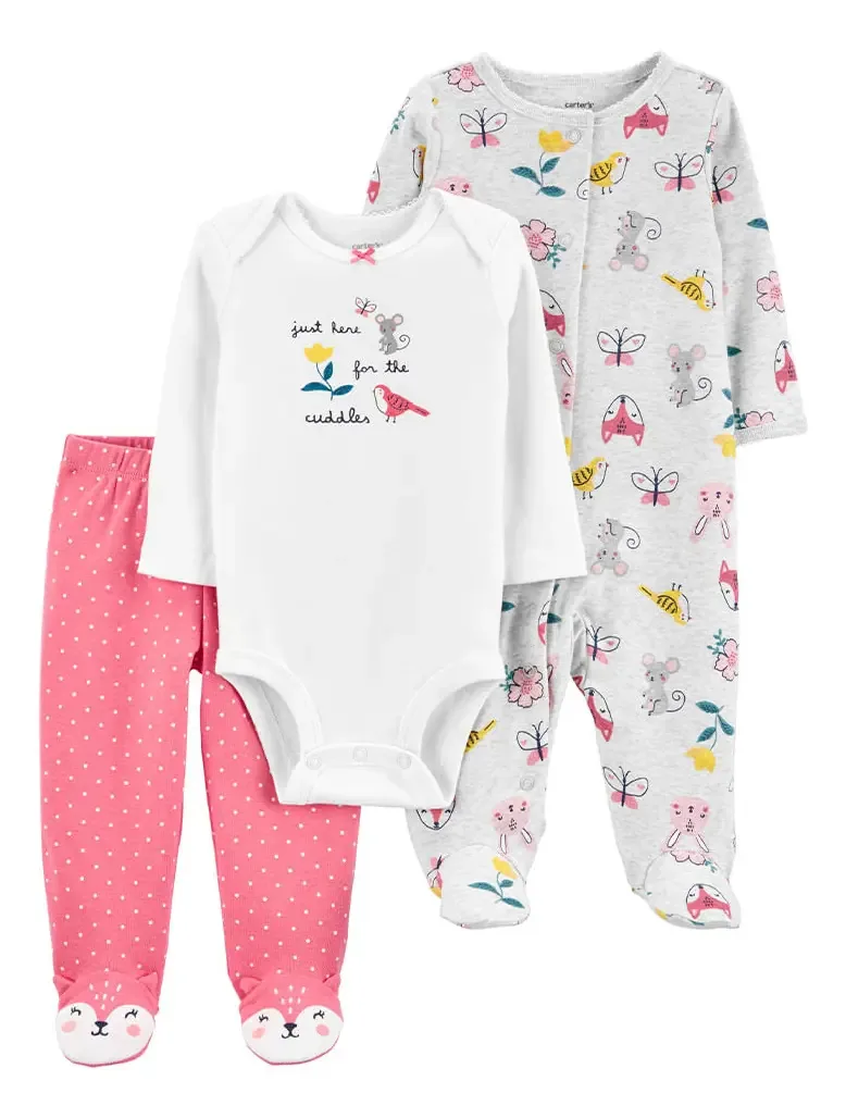 Conjunto Carters, 3 pijamas corporais, calças de animais, cor, tamanho Nb