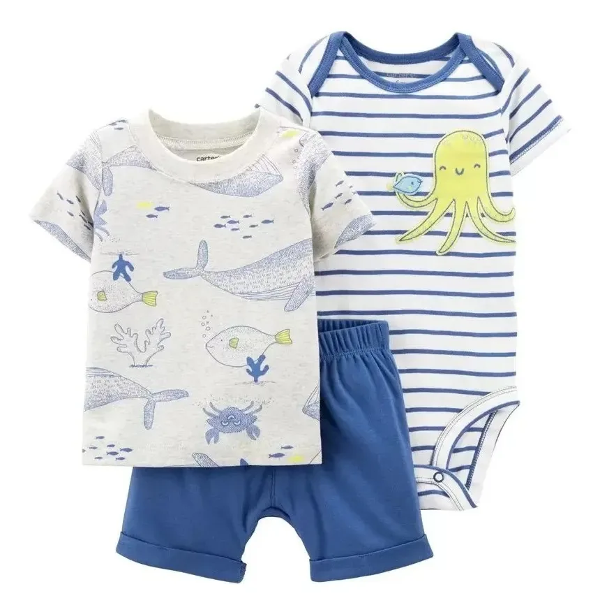 Conjunto Carters Trio Verão Bebe Menina Menino Azul, Frutos Do Mar 0-1 M