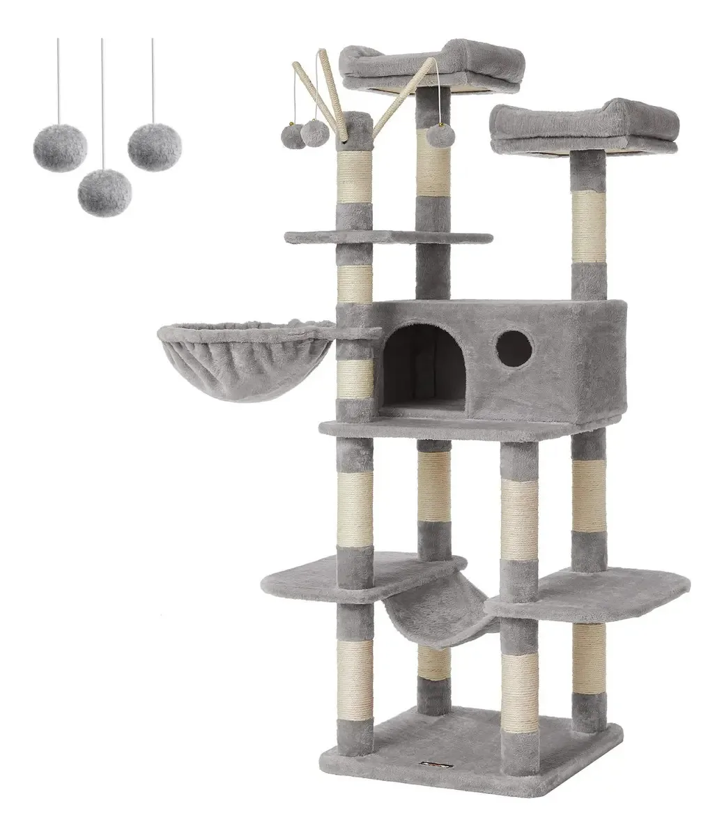 Árvore para gatos Feandrea, torre grande para gatos, 64,6 polegadas, centro de atividades para gatos com rede, cesta, palitos de bola de pele removíveis, condomínio para gatos, cinza claro UPct087W01