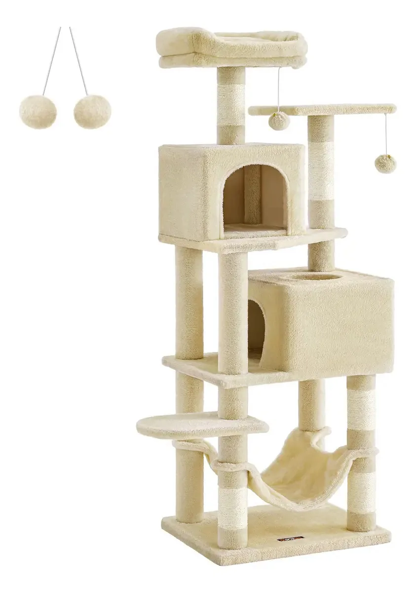 Árvore Para Gatos Feandrea, Torre Para Gatos De 61 Polegadas Para Gatos De Interior, Luxuoso Condomínio Para Gatos De Níveis Com 5 Arranhadores, 2 Poleiros, 2 Tocas, Rede, 2 Pompons, Cor Bege