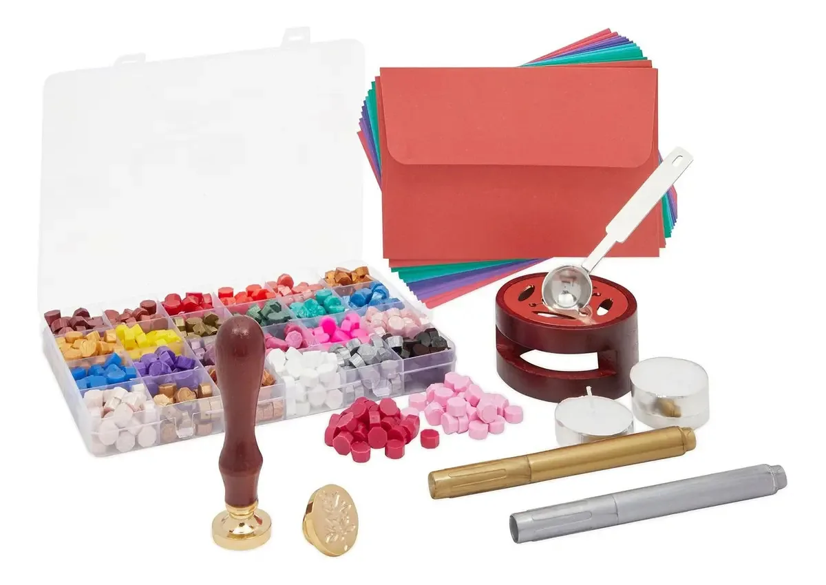 Kit de Selos de Cera de Letras com Aquecedor, Contas, Envelopes, Selos, Canetas Metálicas