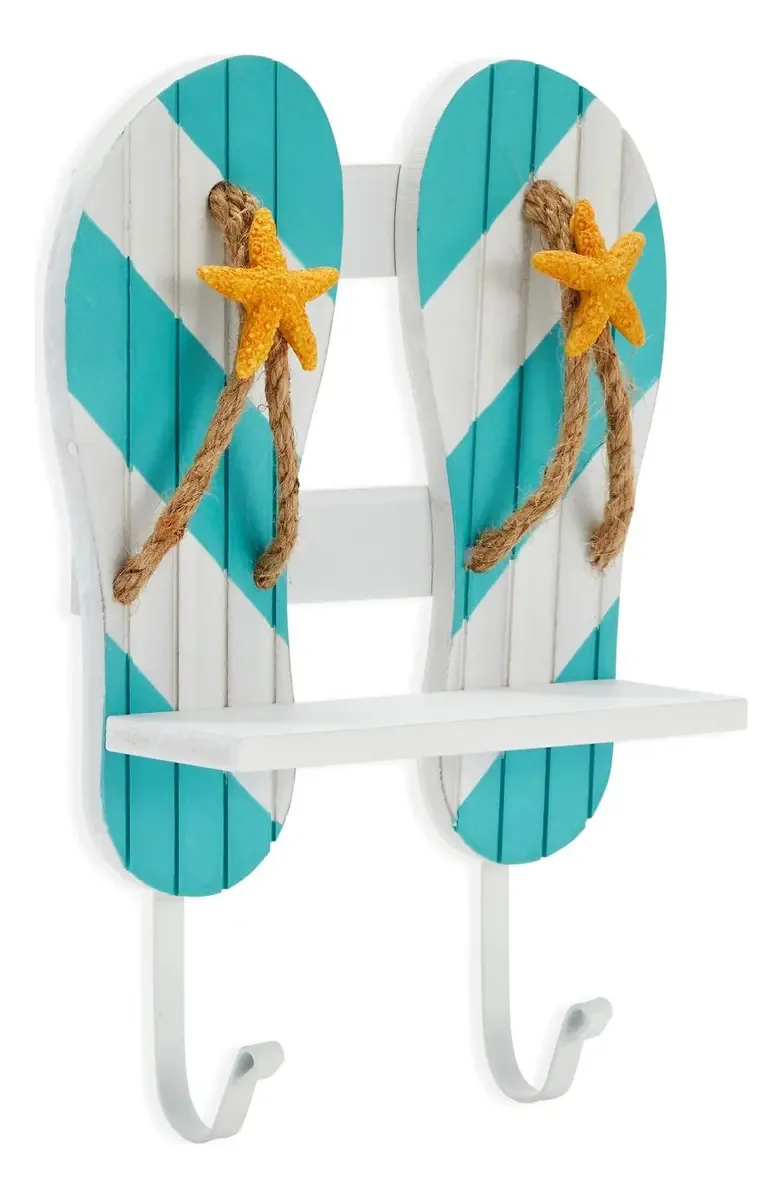 Ganchos Náuticos Com Prateleira, Pantufas Decorativas De Estrela Do Mar, Decoração Para Pendurar Na Parede Com 3 Ganchos (8 X 3 X 11 Polegadas)