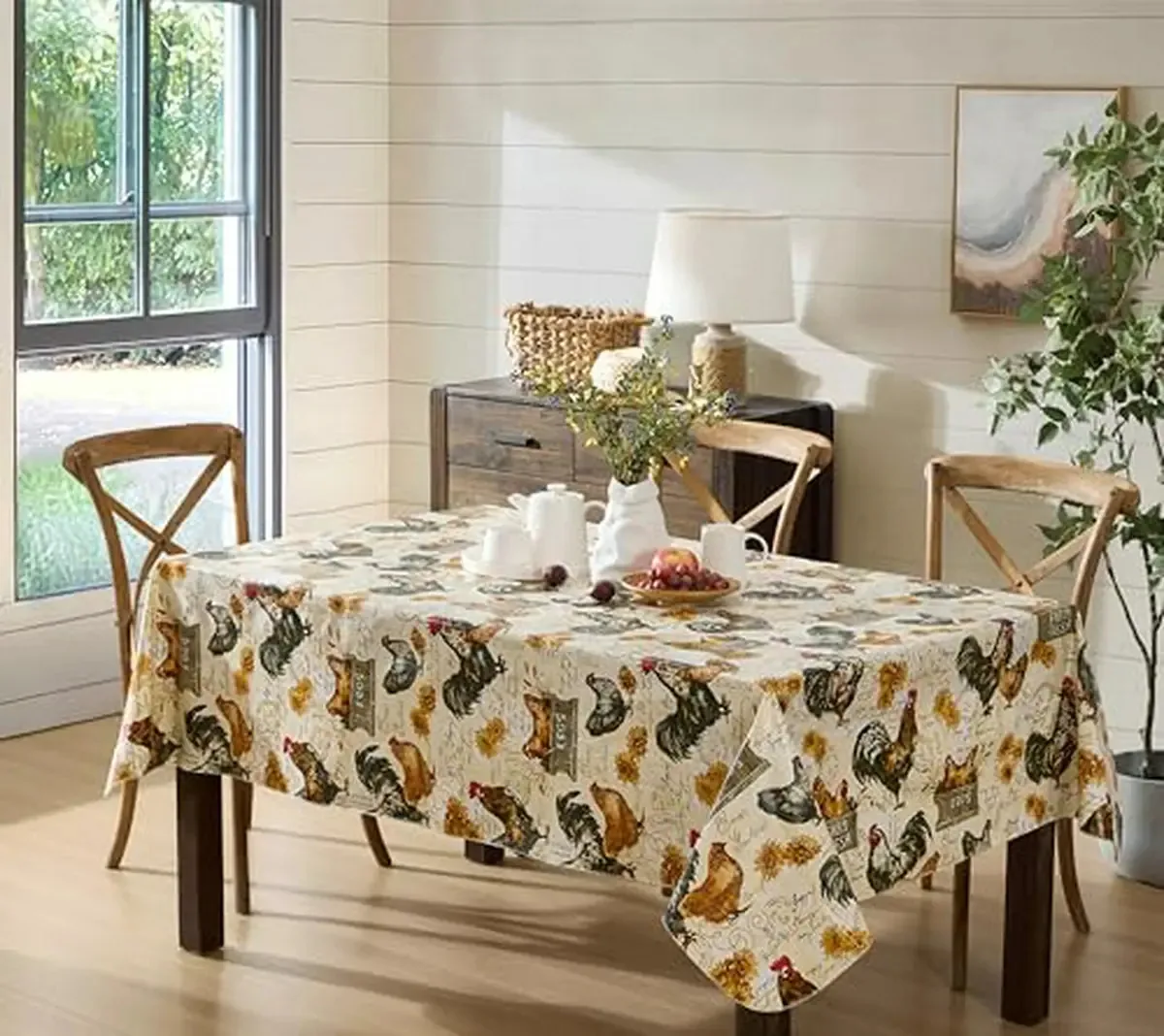Toalha de mesa de vinil com estampa de galos e galinhas, 52 x 52