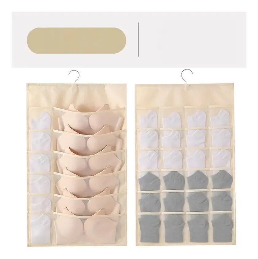 Cabide Organizador Com 36 Bolsos Para Guardar Sutiãs Meias Cor Bege