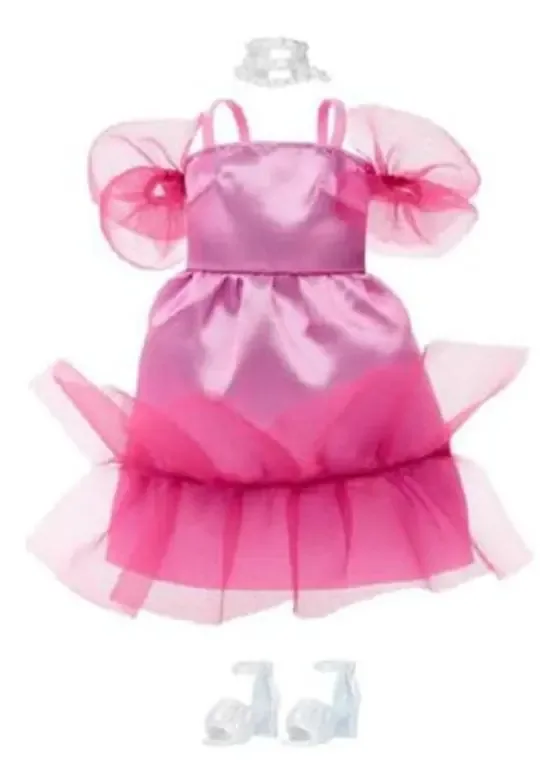 Barbie Roupas e Acessórios Vestido Rosa Babados Colar Sapatos HJT20 Mattel
