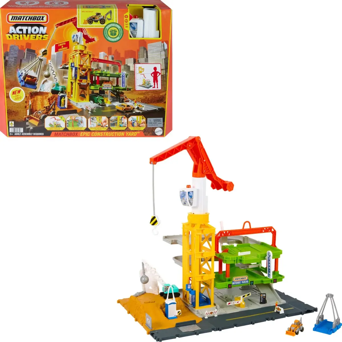 Carros e Conjunto de Brinquedo Matchbox, Pátio de Construção Épico Action Drivers com Guindaste Funcional de 20 Polegadas de Altura e Retroescavadeira em Escala 1:64 com Acessórios