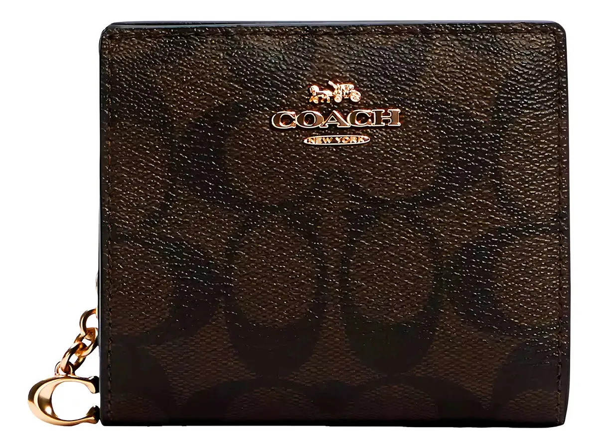 Carteira de encaixe para senhora Coach Pequena dourada castanha escura Carteira de encaixe para senhora Monogramas em tecido