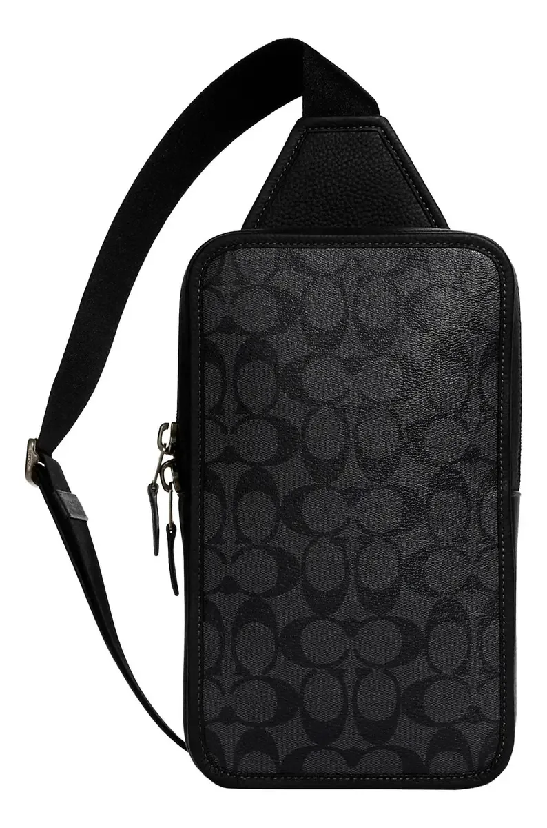 Bolsa tiracolo Coach Heart C9865 com design de monograma em lona cinza e preta e couro com alça de ombro preta, alças pretas e ferragens pretas