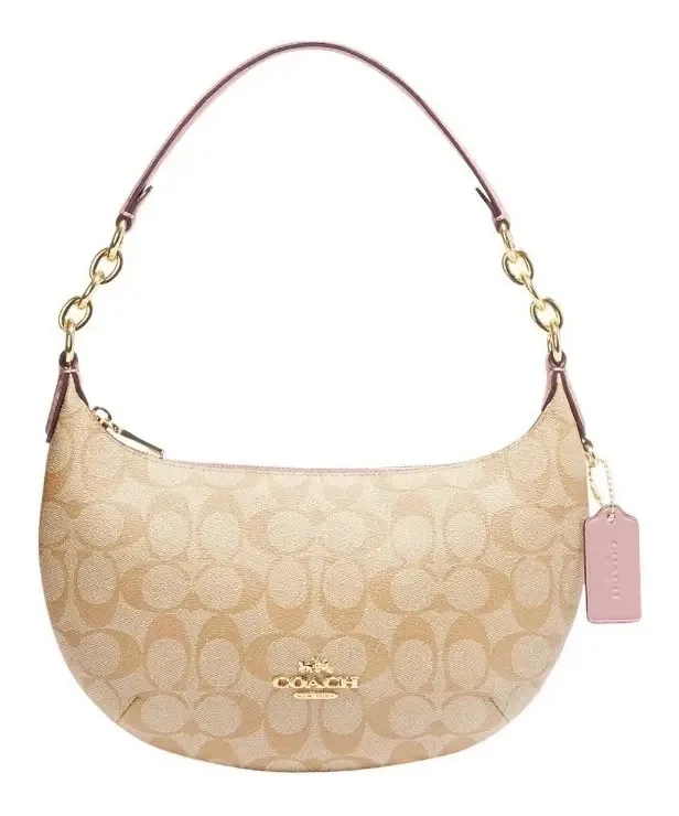 Bolsa de ombro Coach Payton Hobo In Signature Canvas Gold/Pink, design exclusivo de tela em couro e tela dourada clara, alças rosa e ferragens douradas