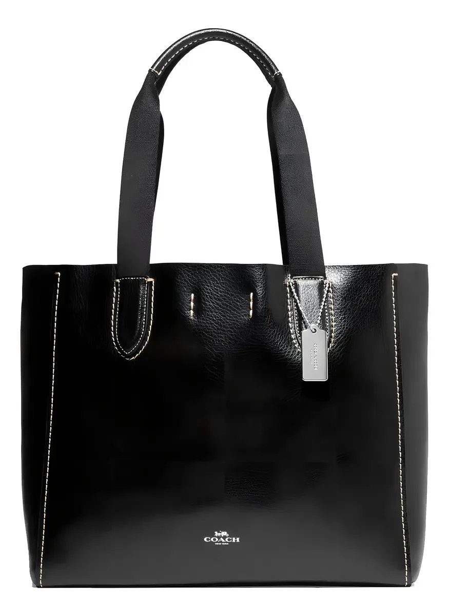 Bolsa Coach 58660, design de couro preto liso, alças pretas e ferragens douradas