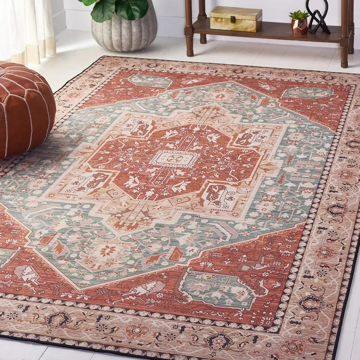 Tapete decorativo 91 x 152 cm lavável em água-marinha e ferrugem