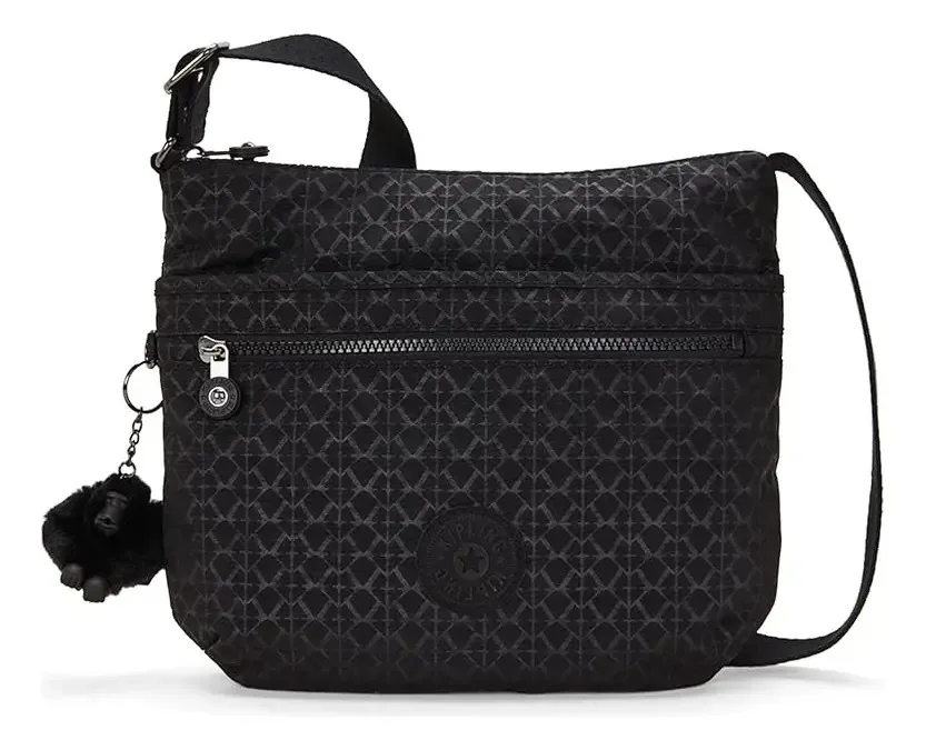 Bolsa feminina Kipling® Arto Anthracite com zíper duplo, acabamento em hardware, cor cromada, assinatura, alça de ombro, design de tecido de antrócitos
