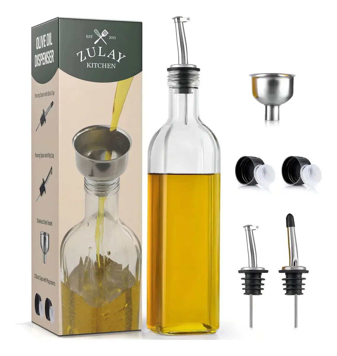 Dispensador de Azeite Zulay Kitchen 17 Oz, 2 Bicos, 2 Tampas, 2 Coberturas, 1 Funil