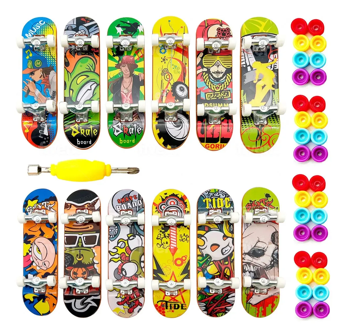 12 pontas de dedos de skate para dedos de brinquedo com 32 rodas intercambiáveis e mini chave de fenda, capas antiderrapantes para saltos, volts e brincadeiras ativas em ambientes internos e externos