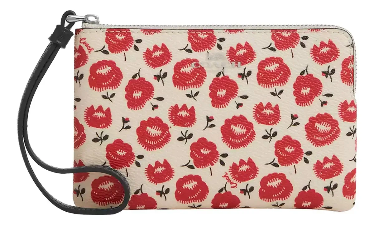 Bolsa feminina Coach Large Corner Zip, preta, branca, cor, flores, design de tecido liso