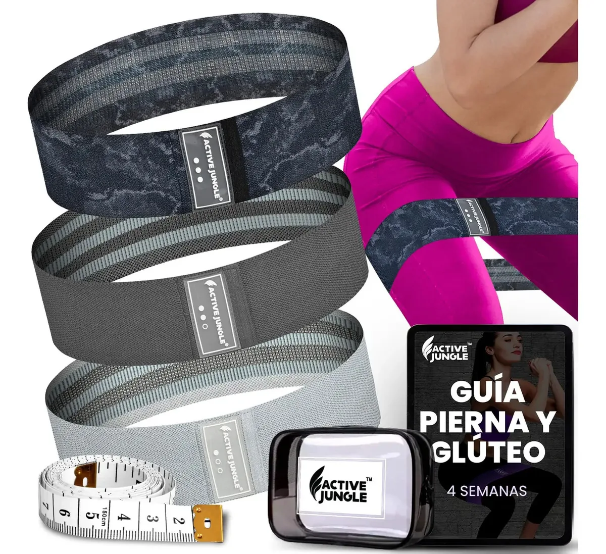 Pulseiras de exercícios Active Jungle, faixas de resistência, 3 peças, kit de cores, 3 faixas, tecido militar, preto