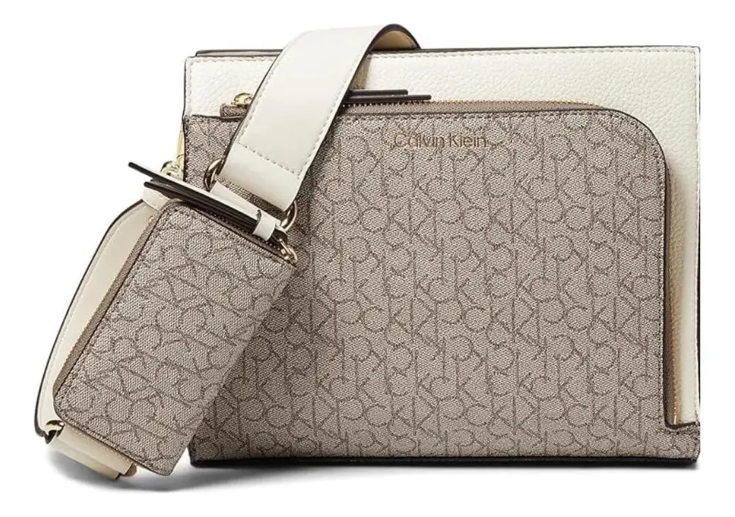 Bolsa tiracolo Calvin Klein Ck Bolsa de ombro feminina com acabamento em hardware, cor dourada, cor dourada, alça tiracolo exclusiva, design de tecido bege, assinatura da Calvin Klein Bay