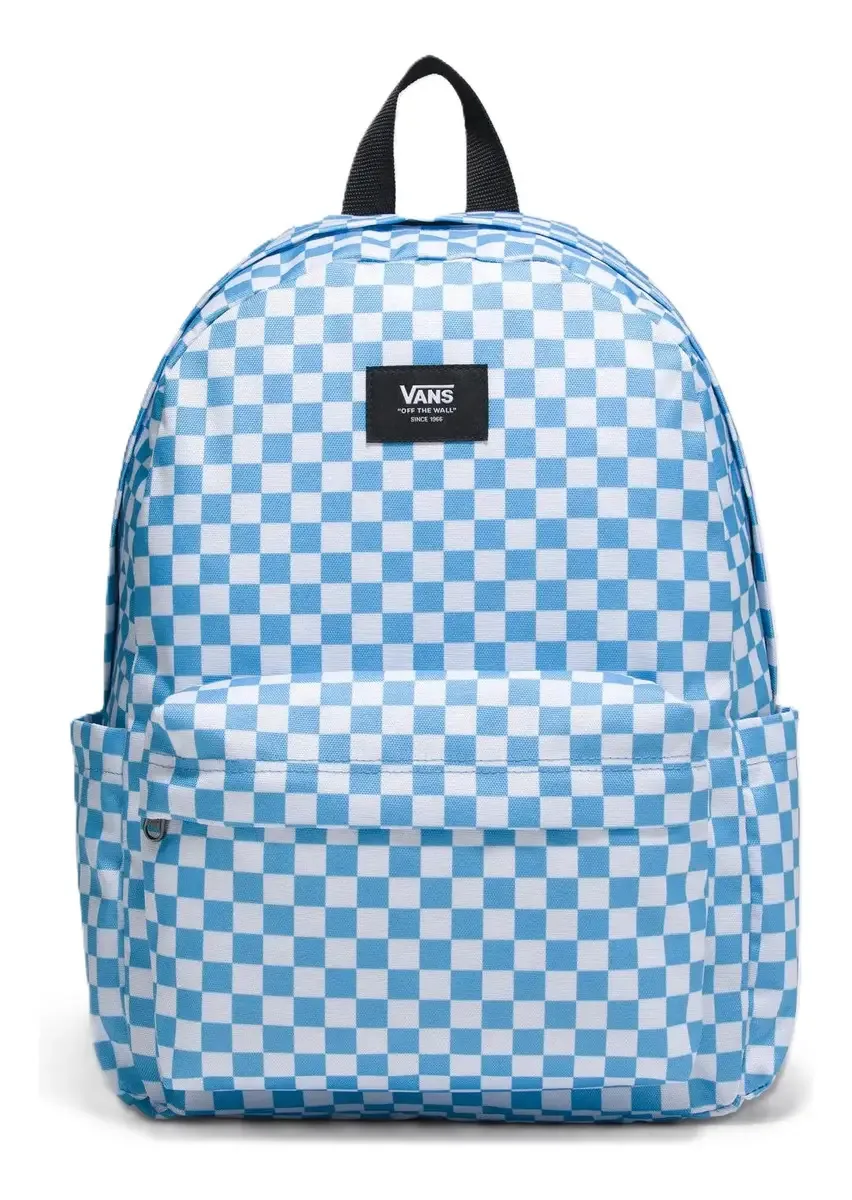 Mochila clássica Vans Old Skool branca e preta, xadrez, xadrez, cor escolar, branco/azul claro