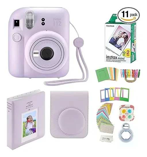 Fujifilm Instax Mini 12 - Câmera instantânea com estojo, 20 estampas Fujifilm e adesivos decorativos, molduras, álbum de fotos e mais acessórios (roxo lilás)
