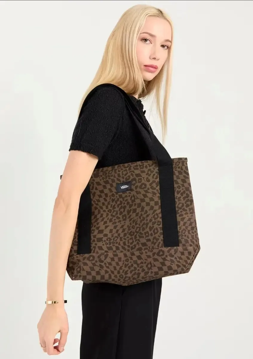 Bolsa Vans Tote Pergs Animal Print Hardware Finish, alça de ombro preta, design gráfico de tecido