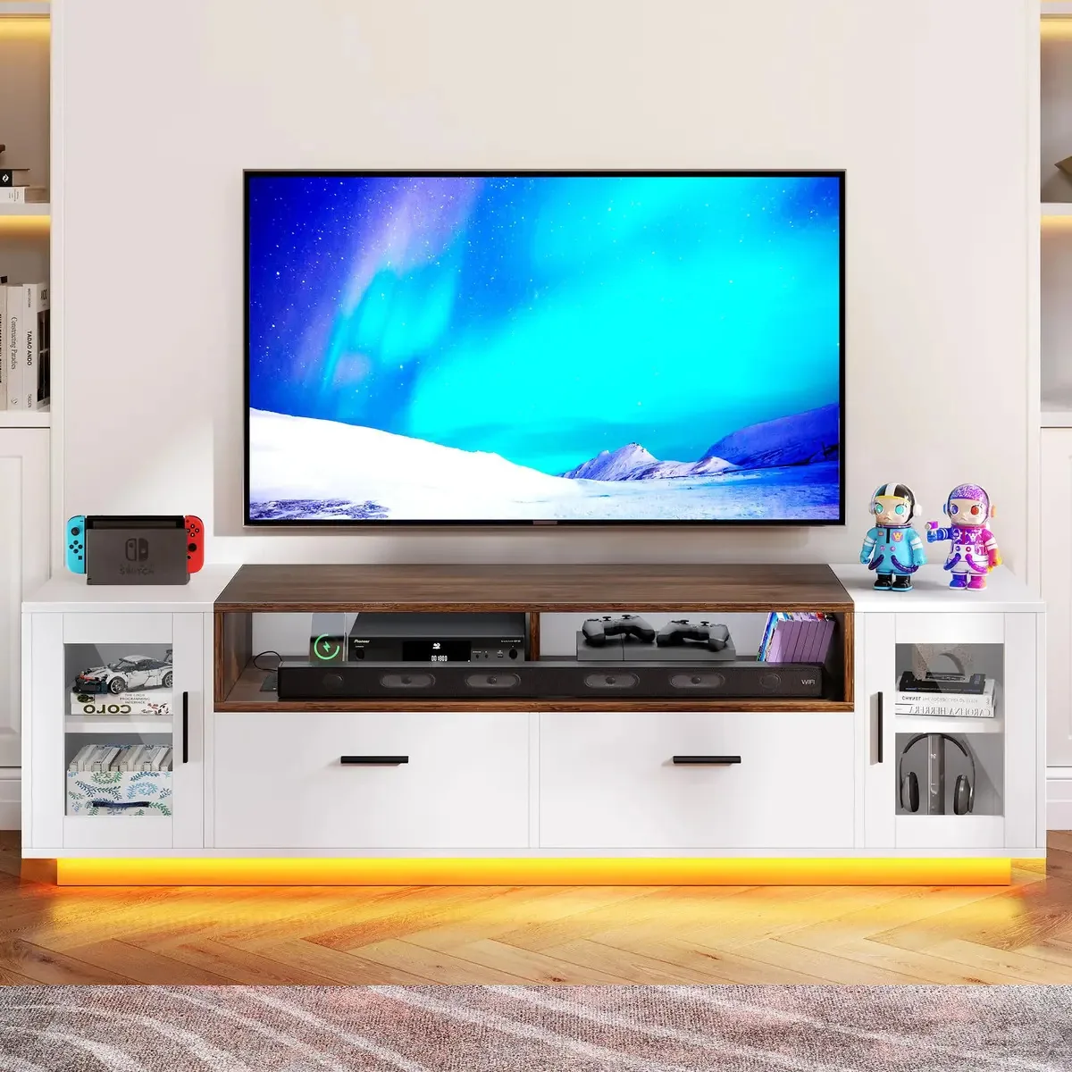 Suporte de TV moderno com mais de 70 polegadas com armazenamento