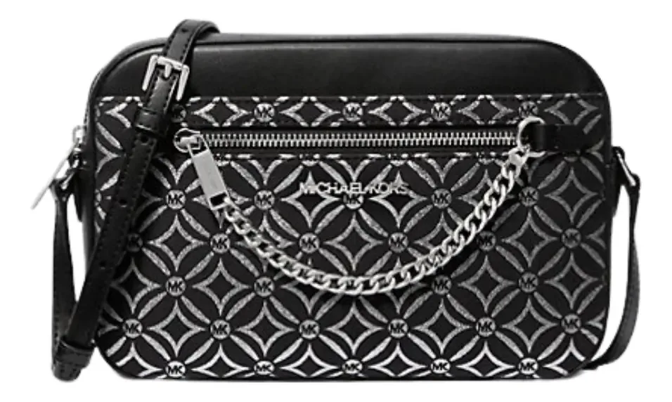 Bolsa Transversal Michael Kors Jet Set de Couro Preto com Ferragens Prateadas e Dust Bag