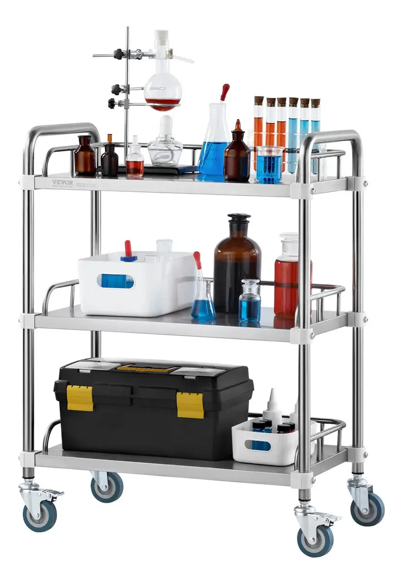 Carrinho de laboratório de 4 rodas em aço inoxidável de 3 camadas Vevor