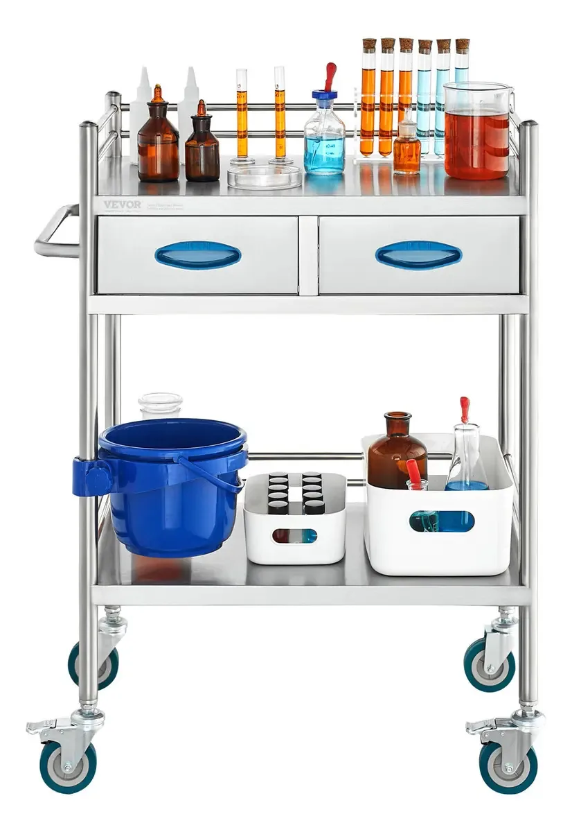 Carrinho de laboratório Vevor de 2 camadas, 2 gavetas, 4 rodas, liso