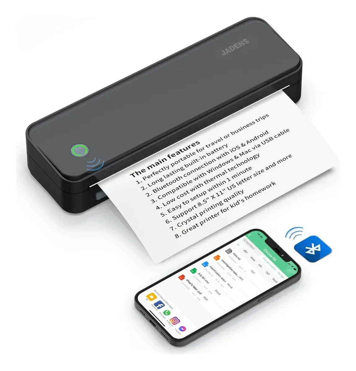Impressora térmica Bluetooth Jadens, compatível com Letter of