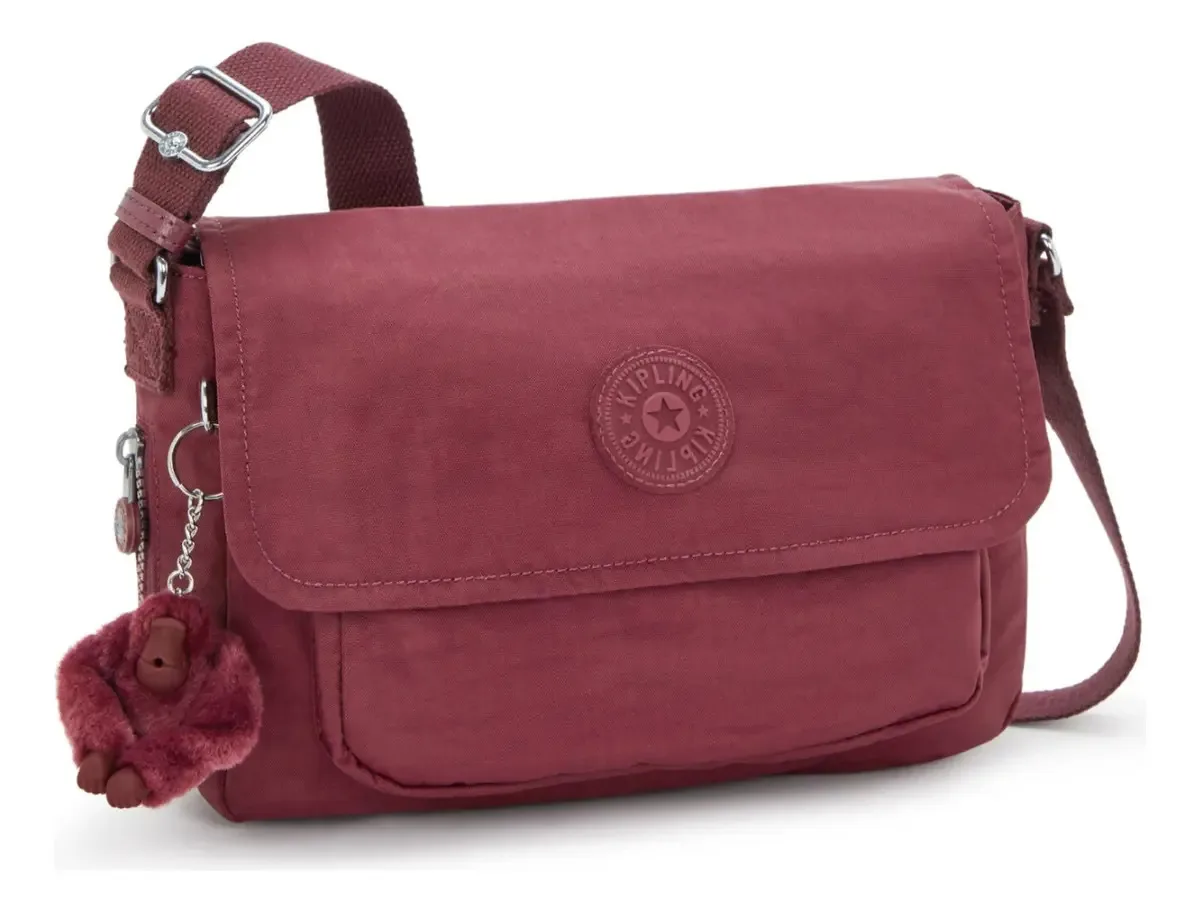 Bolsa Kipling Dalma Transversal Estilosa E Versátil Acambamento Dos Ferragens Níquel Cor Lounge Wine Correia De Ombro Vermelho Desenho Do Tecido Lisa