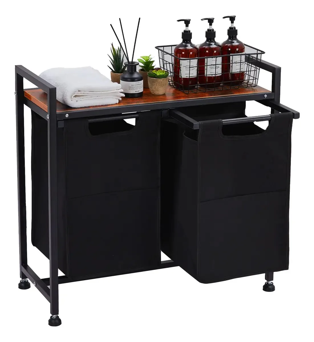 Cesto de roupa suja, 2 sacos de roupa suja de 45 L e Est. Cor: Preto