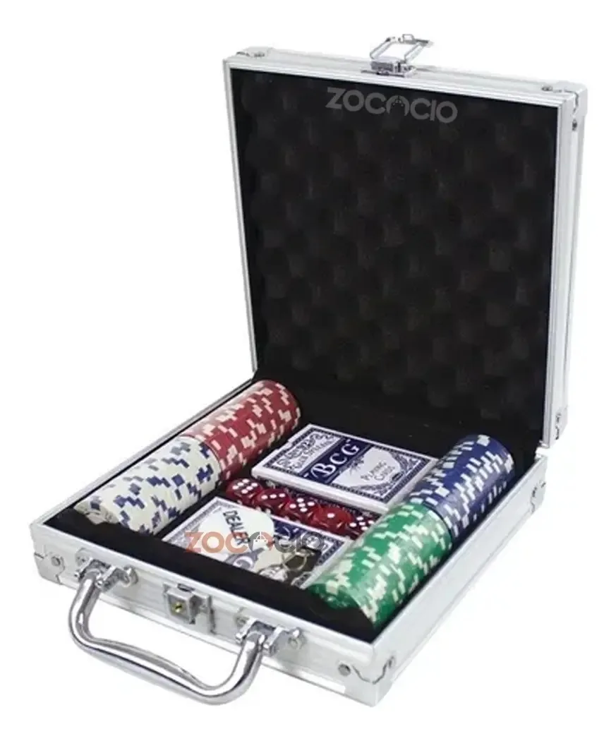 Conjunto de pôquer de 100 peças Metal Suitcase Game Of Chance Dice, 2 baralhos de cartas