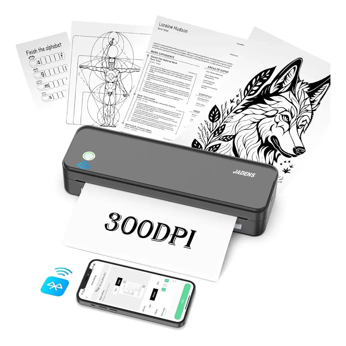 Impressora térmica portátil sem fio Jadens, papel térmico