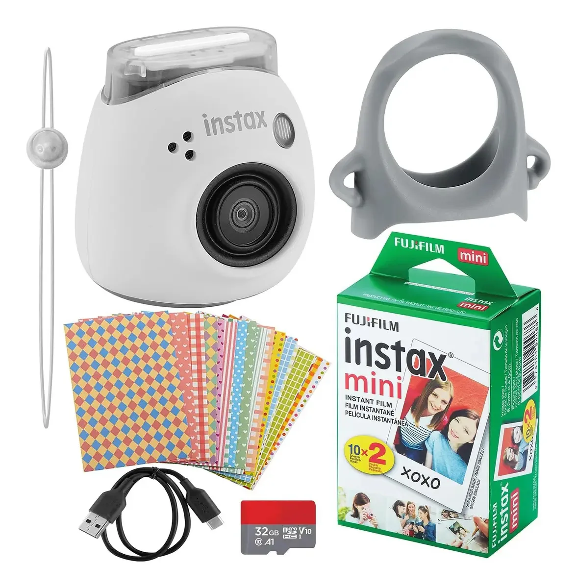 Fujifilm Instax Pal - Câmera digital, 20 minifilmes Fujifilm - Adesivos decorativos, alça de câmera com USB, micro SD e tecido (branco leitoso)