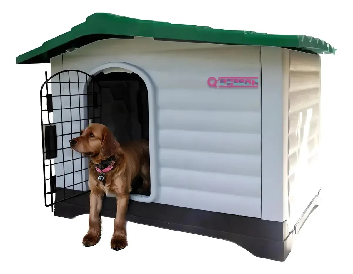 Casa de cachorro ao ar livre de raça média com porta de metal verde escuro Q Perrón
