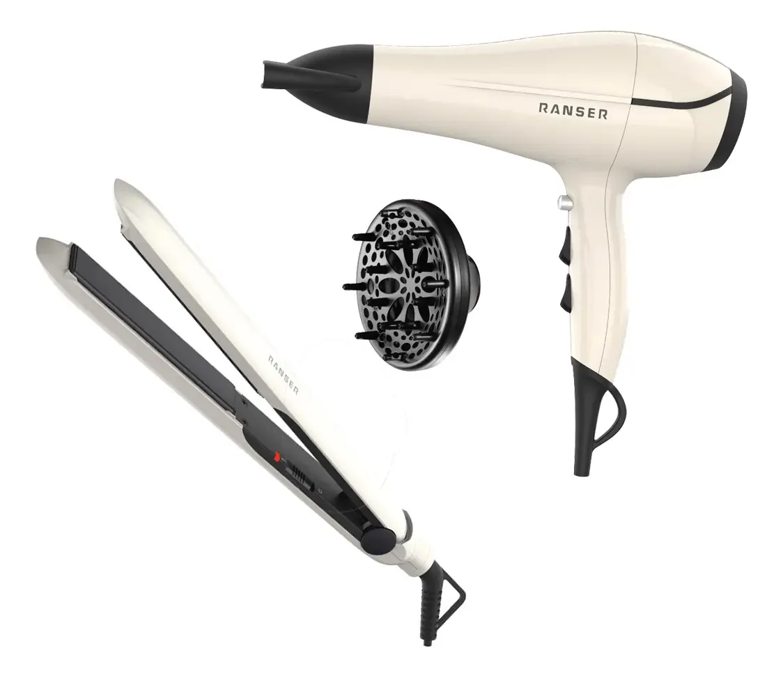Conjunto de secador de cabelo Hd-5500 2000 W + Conjunto de secador de cabelo branco Ranser Hs-2175 Turmalina 230 °C