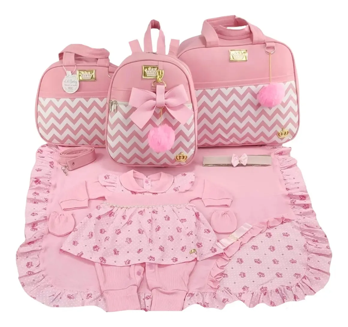 Kit Saida + Bolsa Maternidade 3 Pçs Luxo Rosa Menina