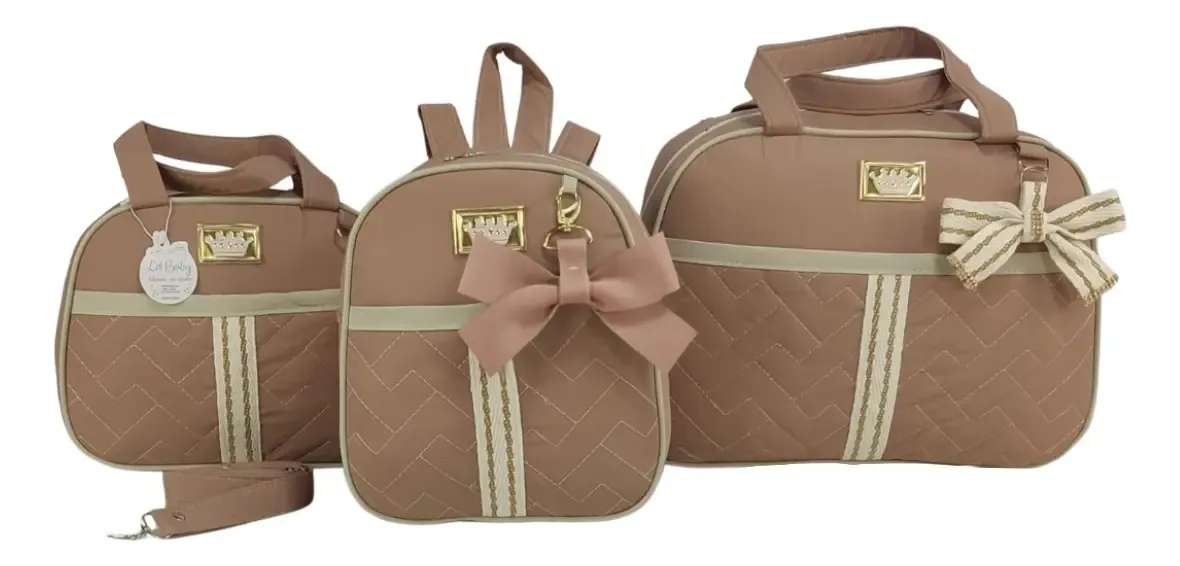 Kit Bolsa Maternidade 3 Pçs Laço Rosa Menina Cor Nude