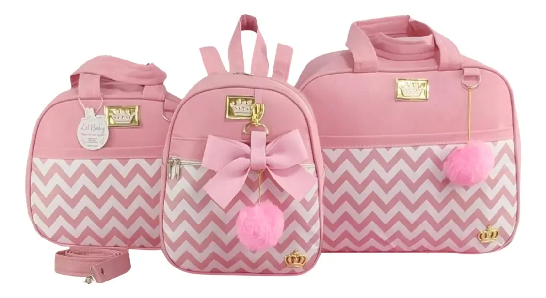 Kit Bolsa Maternidade 3 Pçs Luxo Rosa Menina