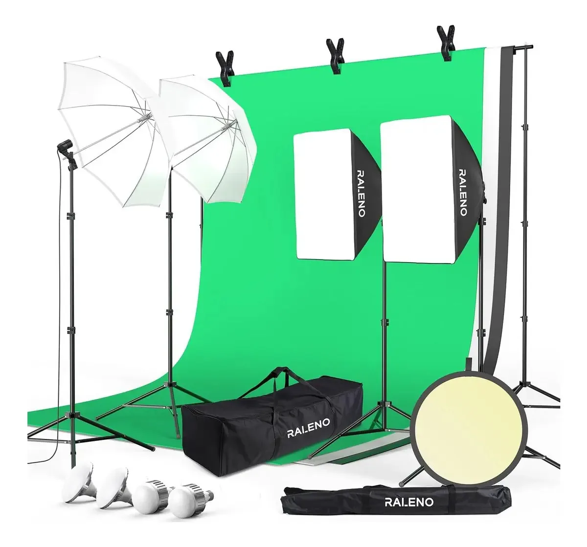 Kit de iluminação Raleno 2.6x3m com softbox e fundos