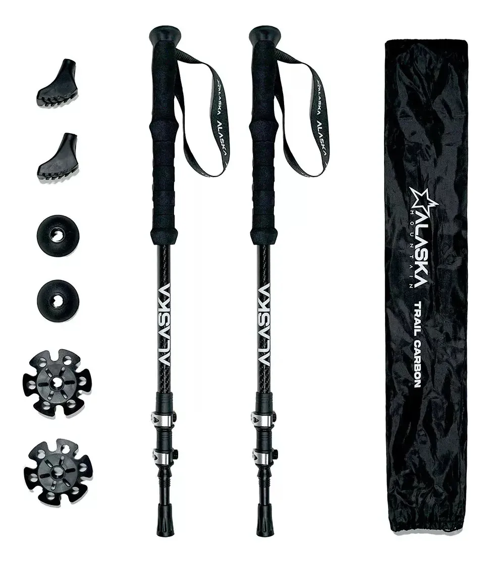 Bastões de trekking pretos telescópicos de carbono da Alaska Trail