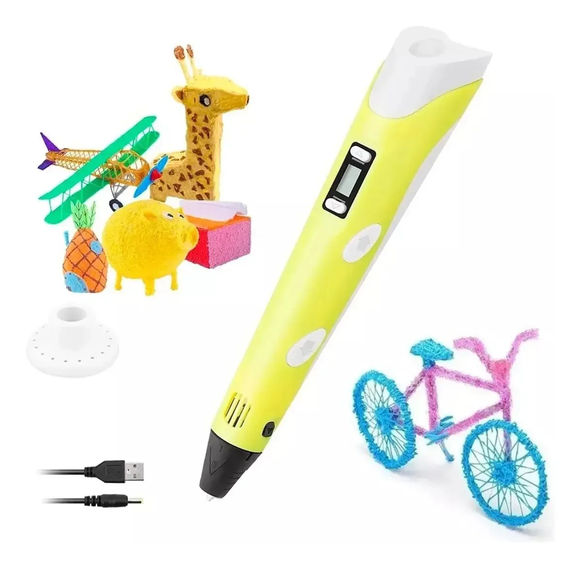 Caneta de impressão 3D com LCD + filamentos +base C cor amarela