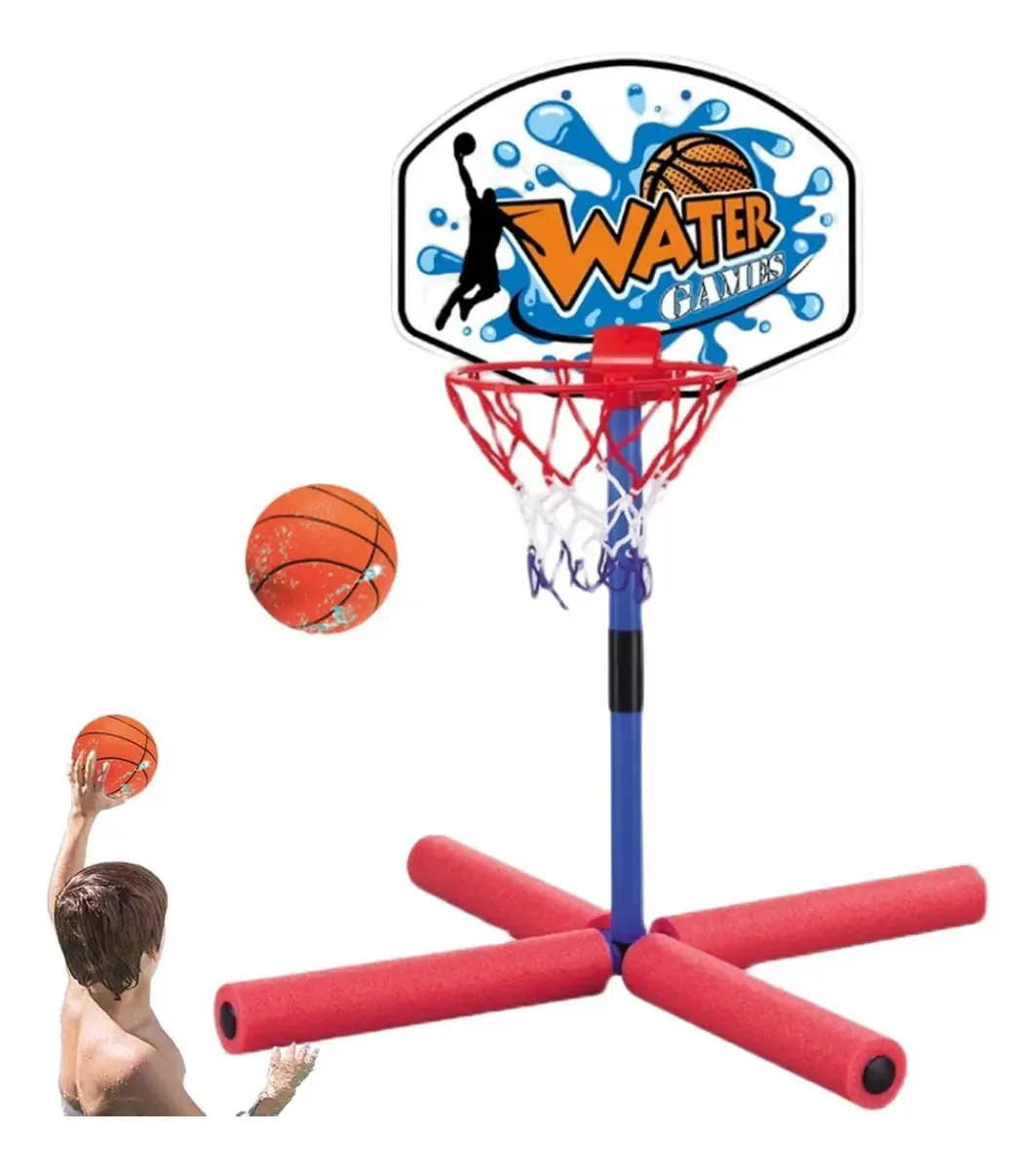 Cesta de basquete de piscina flutuante com bola infladora vermelha