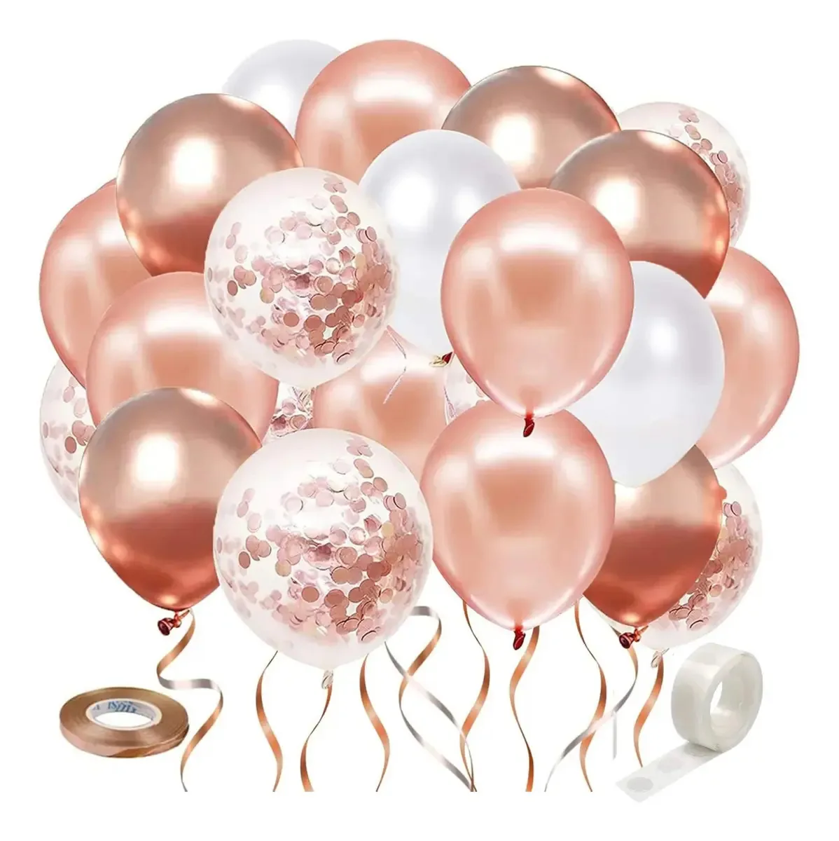Conjunto de 50 balões de látex cromado, pérolas, fitas de confete, ouro rosa, confete, ouro rosa/conjunto