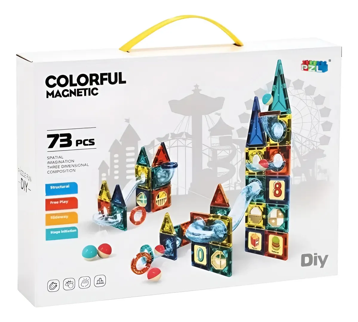 Blocos de construção magnéticos (73 peças, azulejos, figura 73)