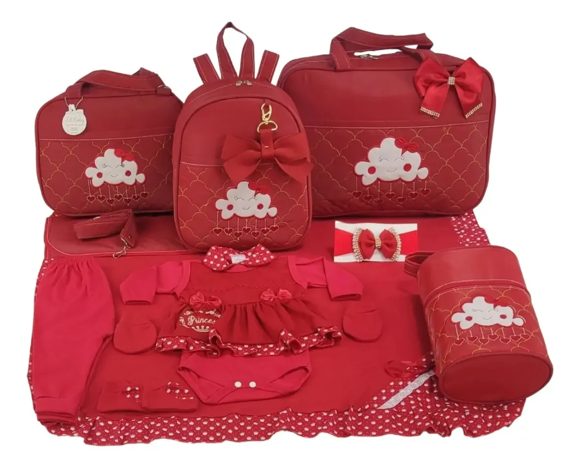 Kit Saida + Bolsa Maternidade 5 Pçs Nuvem Rosa Menina Cor Vermelho